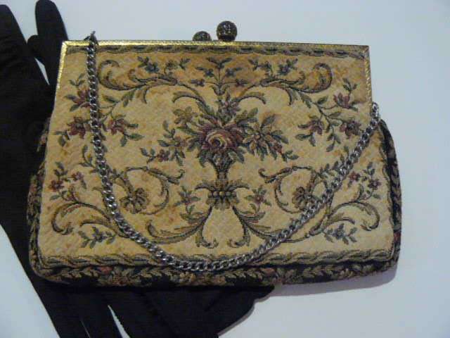 PETIT POINT VINTAGE TAPESTRIE BAG STUNNING WITH BLACK GLOVES