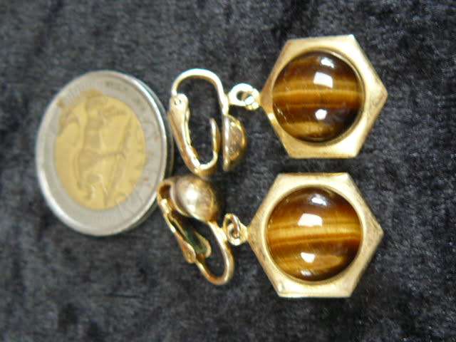 TYGERS EYE GOLD TONED VINTAGE EARRINGS