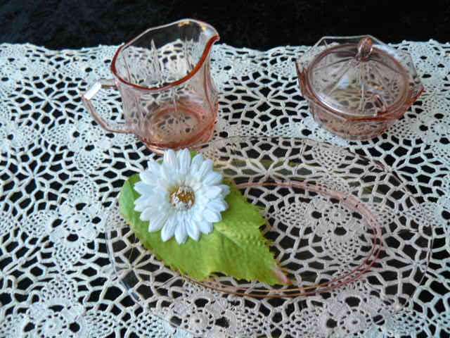 ART DECO ? GLASS MILK JUG , SUGAR BOWL AND SMALL PLATE