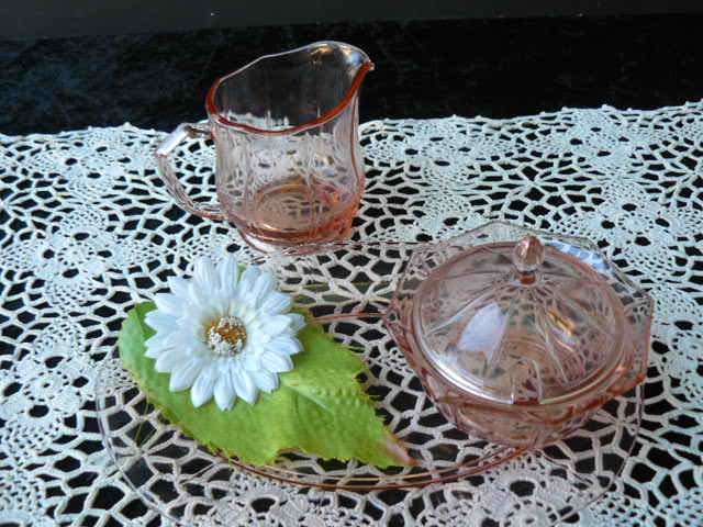 ART DECO ? GLASS MILK JUG , SUGAR BOWL AND SMALL PLATE