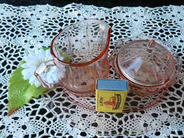 ART DECO ? GLASS MILK JUG , SUGAR BOWL AND SMALL PLATE