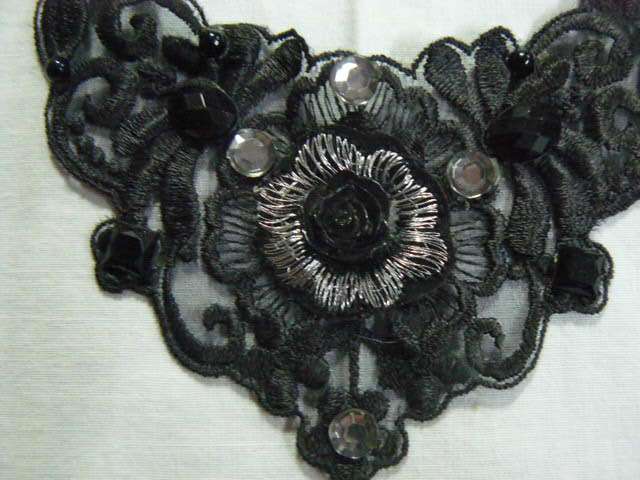 NECKLACE CHOKE MATERIAL WITH BLING AND LACE AND SILCER TONED CHAIN PLUS BLACK CRYSTAL EARRINGS