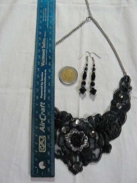 NECKLACE CHOKE MATERIAL WITH BLING AND LACE AND SILCER TONED CHAIN PLUS BLACK CRYSTAL EARRINGS