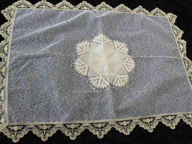 FOOD NET COVER WITH GOLD LACE TRIM AND JUG COVER WITH GLASS BEADS