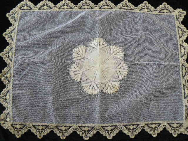 FOOD NET COVER WITH GOLD LACE TRIM AND JUG COVER WITH GLASS BEADS