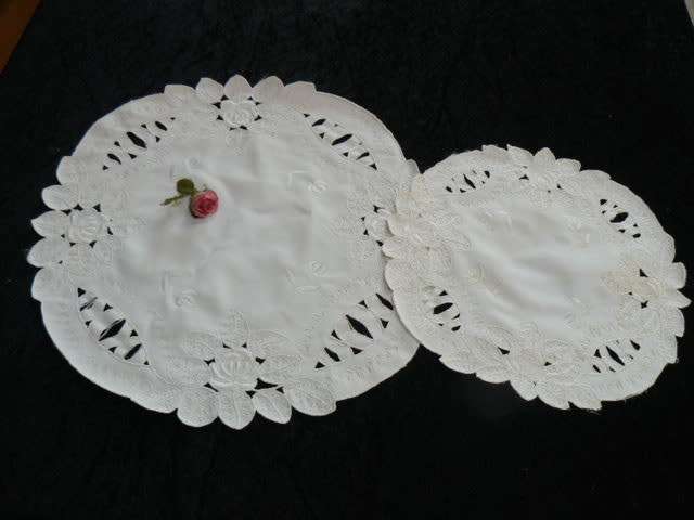 2 X SATIIN DOILIES WITH EMBROIDERY