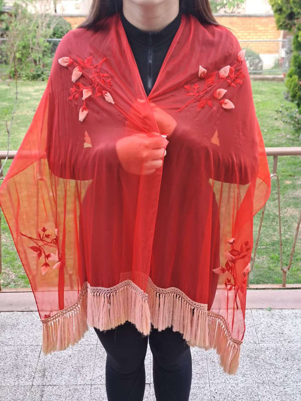 Vintage like embroidered and flowers red chiffon tasseled shawl