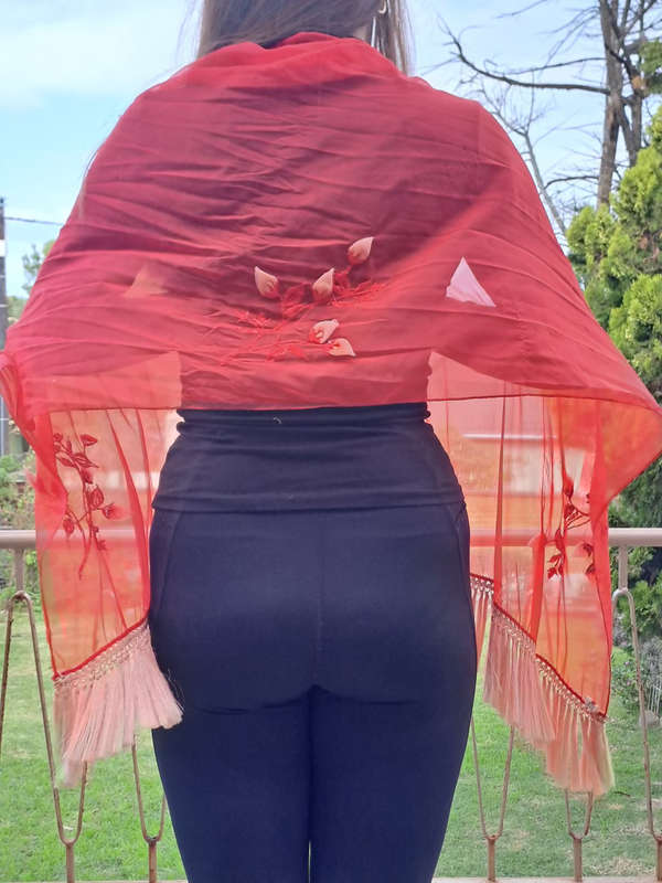 Vintage like embroidered and flowers red chiffon tasseled shawl