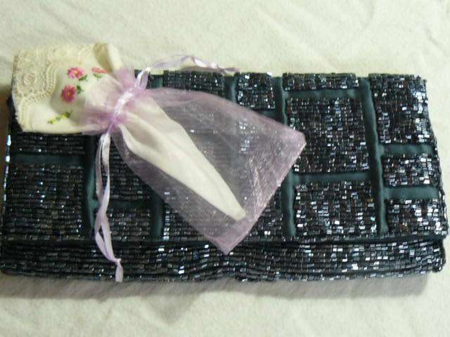 VINTAGE CLUTCH BAG SATIN COMES WITH CHAIN AND VINTAGE HAND EMBROIDERED COTTON HANKIE WITH LACE