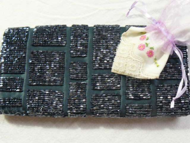 VINTAGE CLUTCH BAG SATIN COMES WITH CHAIN AND VINTAGE HAND EMBROIDERED COTTON HANKIE WITH LACE