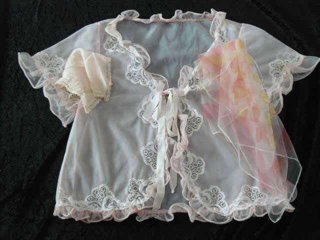 VINTAGE BED JACKET WITH VINTAGE HANKIE AND FAIRY SCARVE
