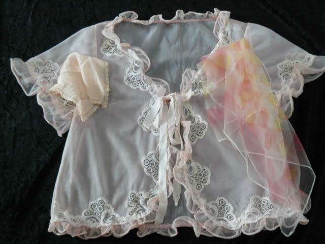 VINTAGE BED JACKET WITH VINTAGE HANKIE AND FAIRY SCARVE