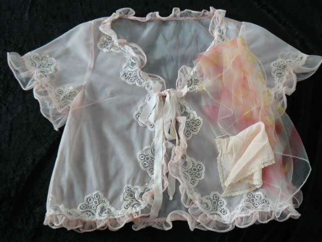 VINTAGE BED JACKET WITH VINTAGE HANKIE AND FAIRY SCARVE