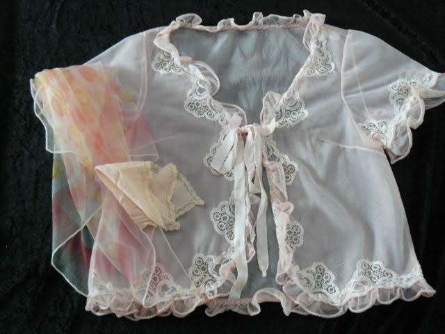 VINTAGE BED JACKET WITH VINTAGE HANKIE AND FAIRY SCARVE