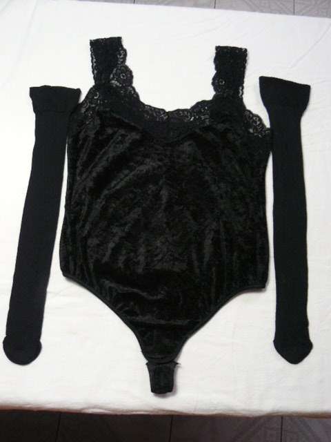 BLACK VELVET COMESOLE WITH LACE AND BLACK HOLD UP STOCKINGS WITH LACE NEW