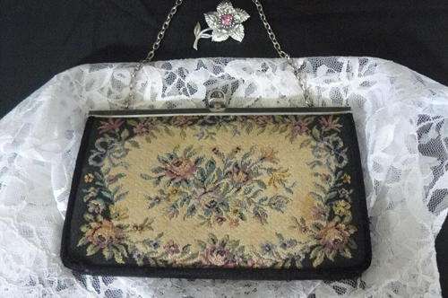 VINTAGE EMBROIDERED CLUTCH BAG, OLD FASHIONED DOOCK AND BROOCH