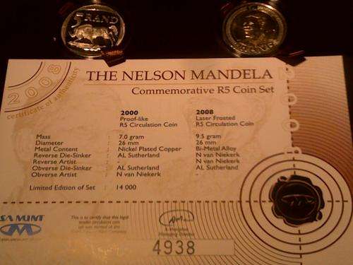 NELSON MANDELA COMMEMORATIVE R5 COIN SET.ONLY 14000 SETS.PROOF LIKE/LASER FROSTED