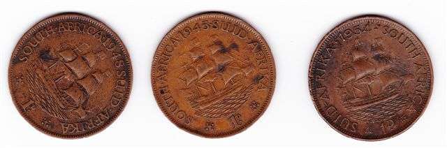 1945, 1948 & 1954 South Africa 1 Penny coins