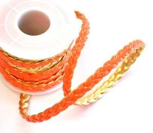 6 MM - PLAITED LEATHER -SOLD PER METER -ORANGE WITH GOLD