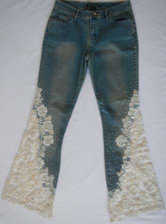 Designer Jean - Stonewashed Denim with Cream Lace Inserts & Delicate Beading - Size 10 Bootcut
