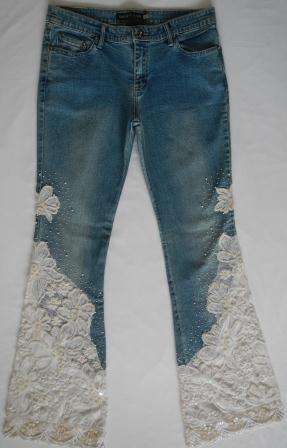 Designer Jean - Light Blue Denim with White Lace Inserts & Delicate Beading - Bootcut