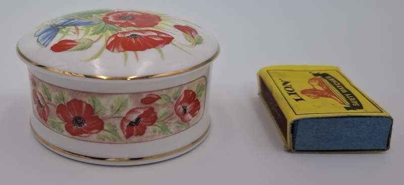Vintage Staffordshire Porcelain Trinket Box with Red Floral Design