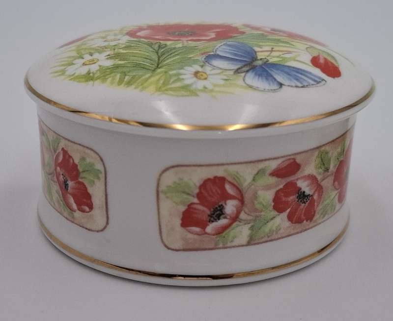 Vintage Staffordshire Porcelain Trinket Box with Red Floral Design