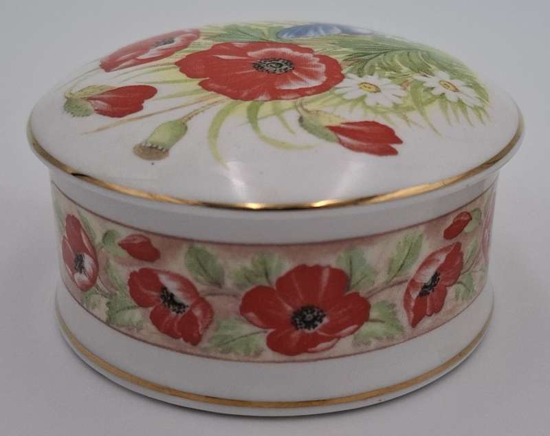 Vintage Staffordshire Porcelain Trinket Box with Red Floral Design
