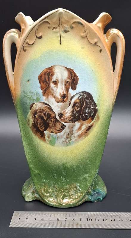 Ornate Victorian Period Vase with Dogs painted on one side Flowers on other
