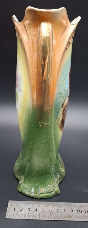 Ornate Victorian Period Vase with Dogs painted on one side Flowers on other