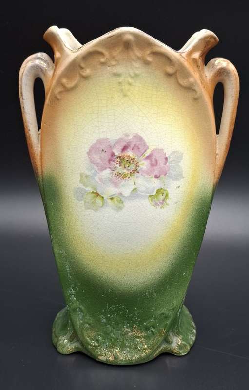Ornate Victorian Period Vase with Dogs painted on one side Flowers on other