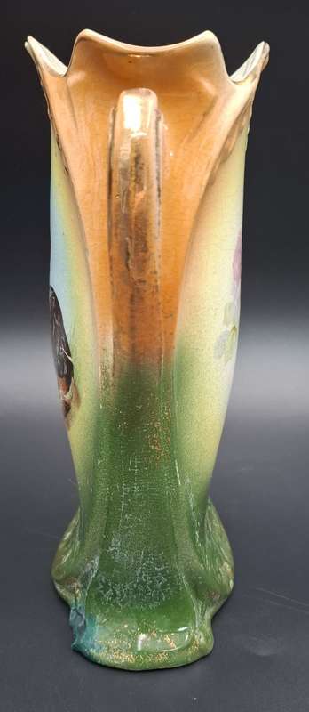 Ornate Victorian Period Vase with Dogs painted on one side Flowers on other