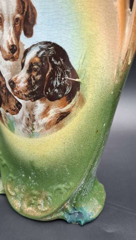Ornate Victorian Period Vase with Dogs painted on one side Flowers on other