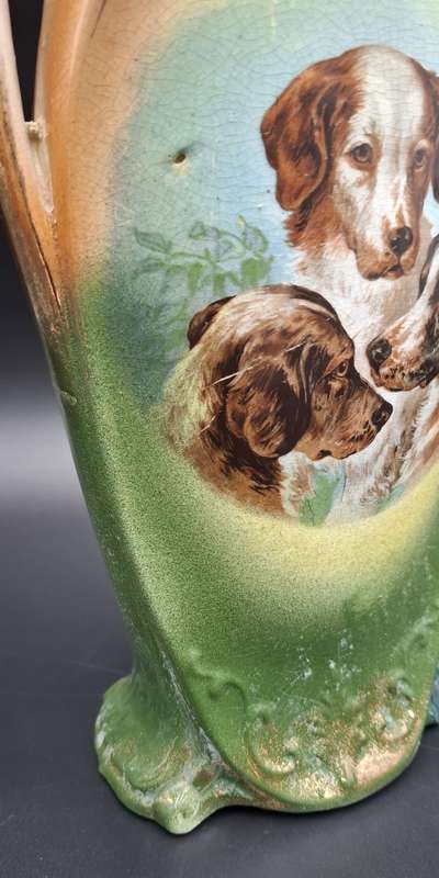 Ornate Victorian Period Vase with Dogs painted on one side Flowers on other