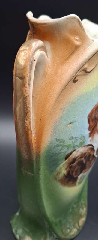Ornate Victorian Period Vase with Dogs painted on one side Flowers on other