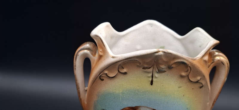 Ornate Victorian Period Vase with Dogs painted on one side Flowers on other