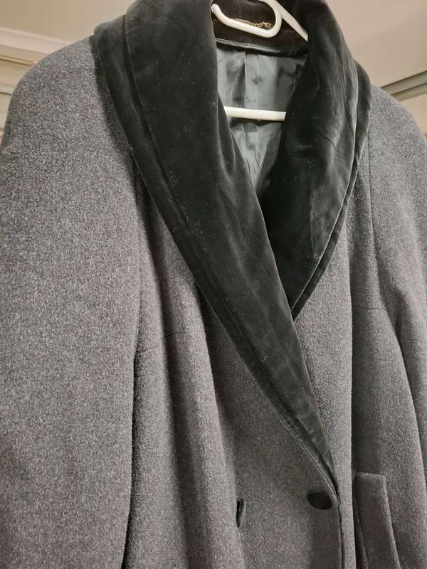 Vintage Wool Coat - Dark Grey with Black Velvet Collar & Cuffs - Size L