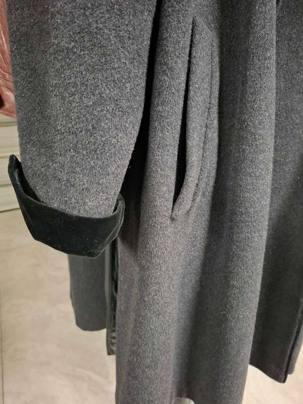 Vintage Wool Coat - Dark Grey with Black Velvet Collar & Cuffs - Size L