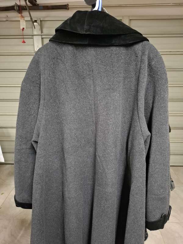 Vintage Wool Coat - Dark Grey with Black Velvet Collar & Cuffs - Size L