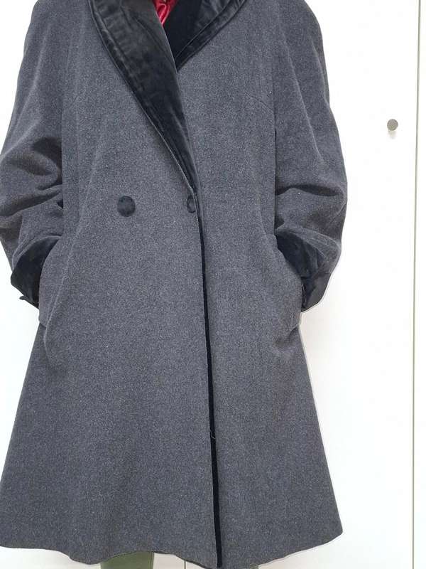 Vintage Wool Coat - Dark Grey with Black Velvet Collar & Cuffs - Size L