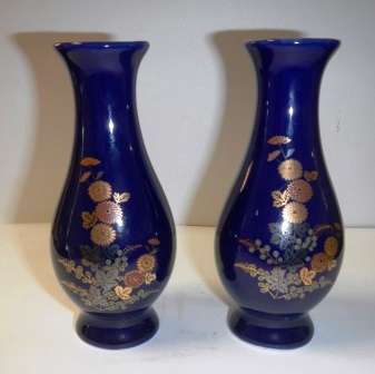 Pair of Deep Blue Gilt Edged Porcelain Vases with Floral Design