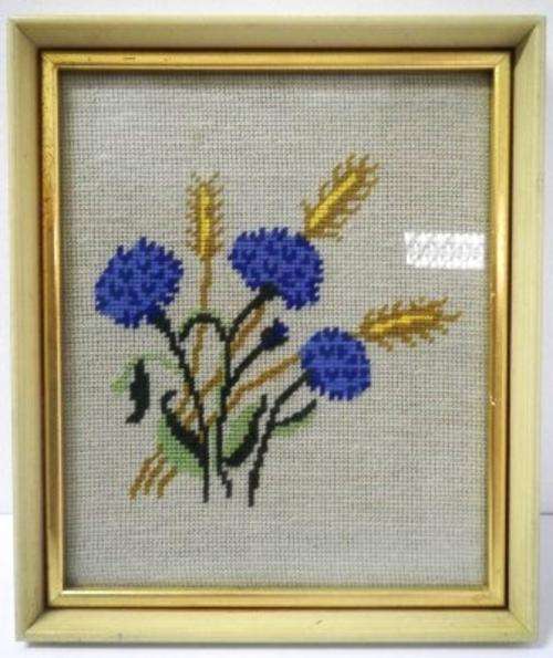 Framed Tapestry of Blue Flowers with Wheat