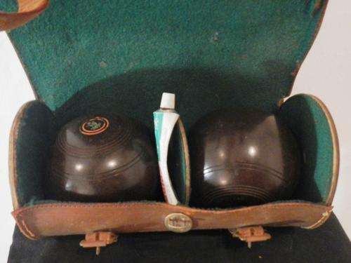 Vintage Pair of Henselite Lawn Bowling Balls in Leather Carry Case