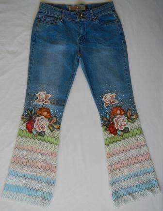 Designer Jean - Light Blue Denim with Floral Beading and Lace - Size 8 Bootleg