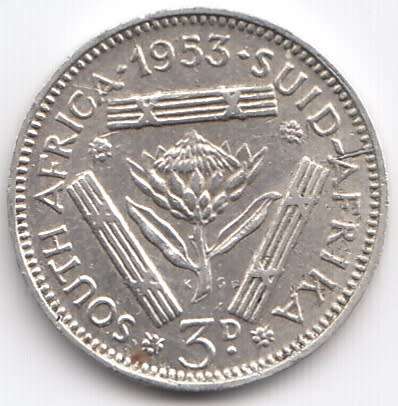 1953   THREEPENCE COIN SILVER   SA                SUN9681
