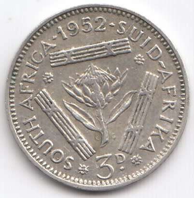 1952   THREEPENCE COIN SILVER   SA                SUN9685