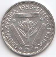 1953   THREEPENCE COIN SILVER   SA                SUN10335