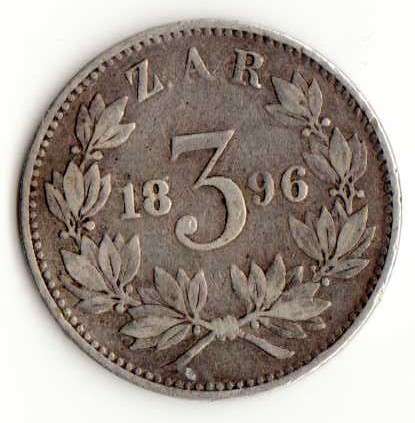 SOUTH AFRICA ZAR THREE PENCE 1896 SILVER                SUN2200