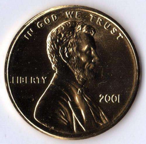 2001 USA 1 Cent Gold Plated                    SUN730