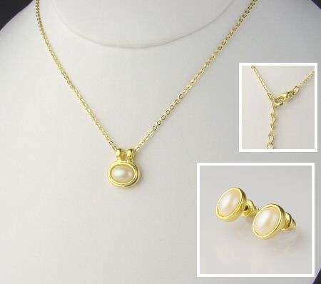 14KT GOLD GP FAUX PEARL BRIDAL NECKLACE & EARRING SET